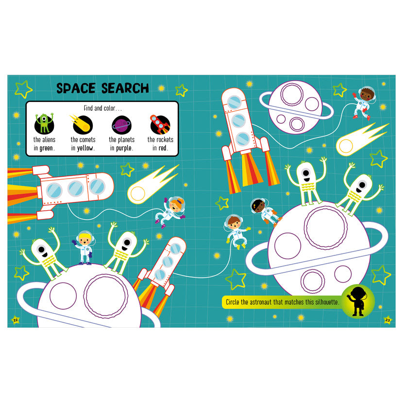 Product image 3 of Glow in the Dark Space Activity Book, a sticker activity book for ages 3+, by Make Believe Ideas.