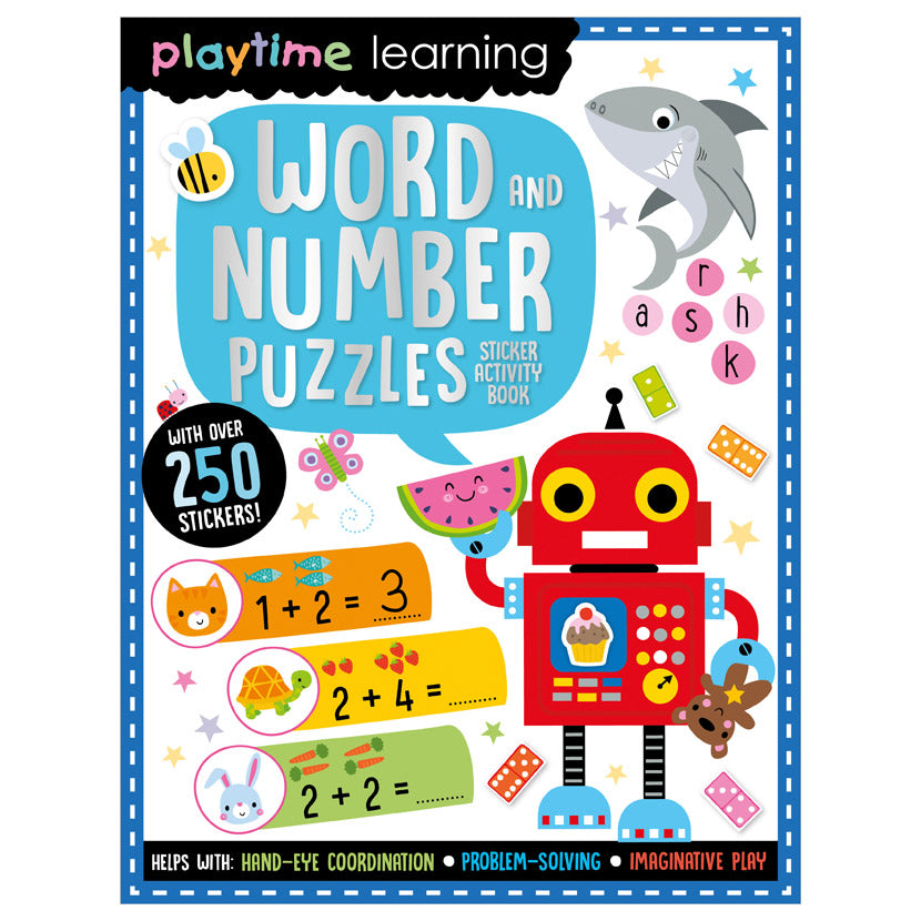 Product image 1 of Playtime Learning Word and Number Puzzles, a sticker activity book for ages 4+, by Make Believe Ideas.