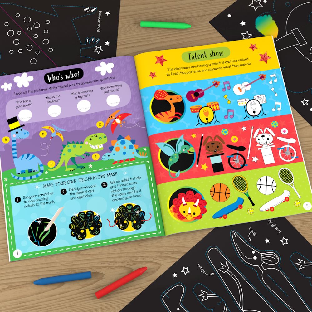 Product image 3 of Scratch and Sparkle Dinosaurs Activity Book, a sticker activity book for ages 4+, by Make Believe Ideas.