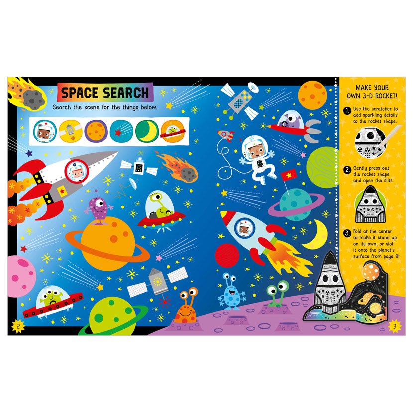 Product image 2 of Scratch and Sparkle Space Activity Book, a sticker activity book for ages 4+, by Make Believe Ideas.