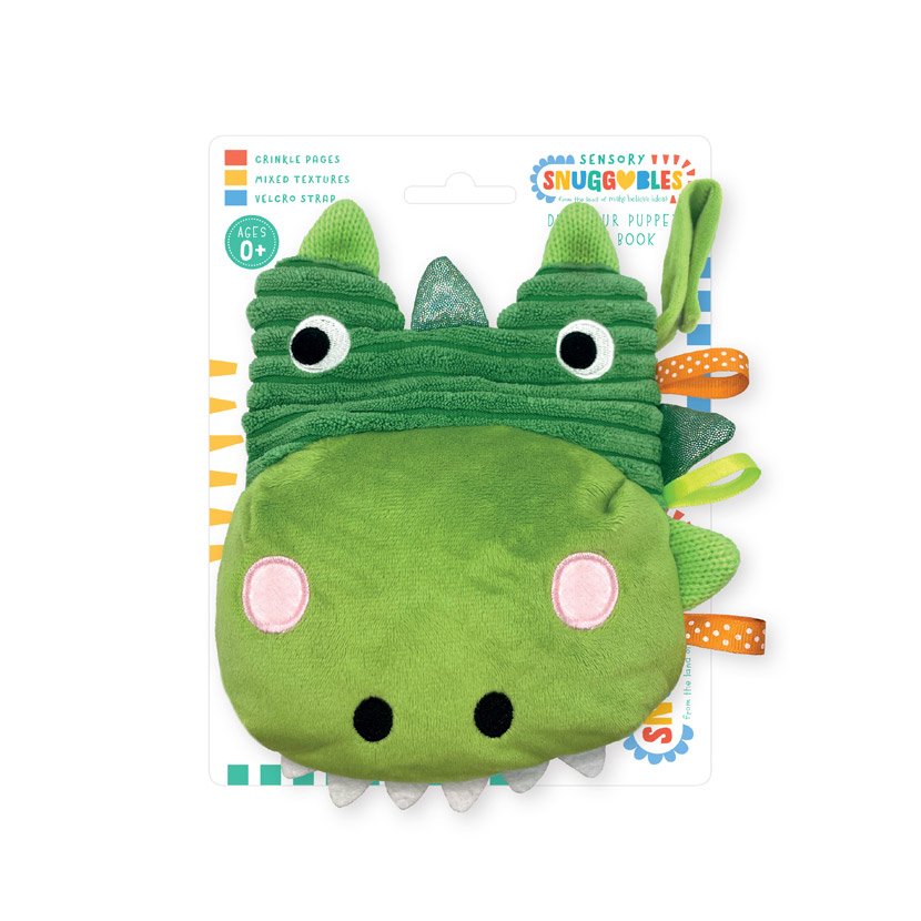 Product image 1 of Sensory Snuggables Dinosaur Puppet Soft Book, a cloth book for ages 0+, by Make Believe Ideas.