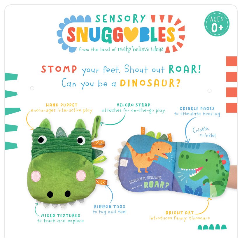 Product image 2 of Sensory Snuggables Dinosaur Puppet Soft Book, a cloth book for ages 0+, by Make Believe Ideas.