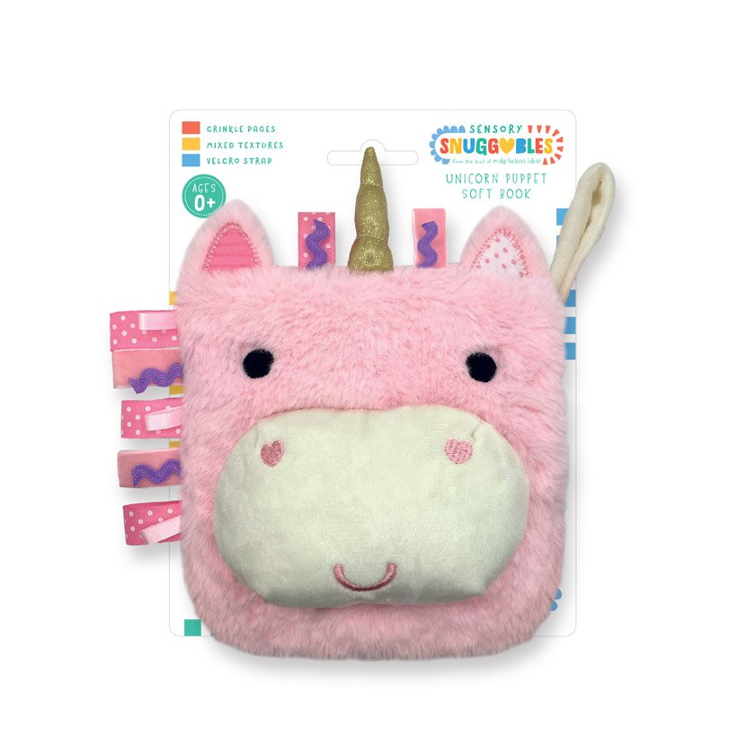 Product image 1 of Sensory Snuggables Unicorn Puppet Soft Book, a cloth book for ages 0+, by Make Believe Ideas.