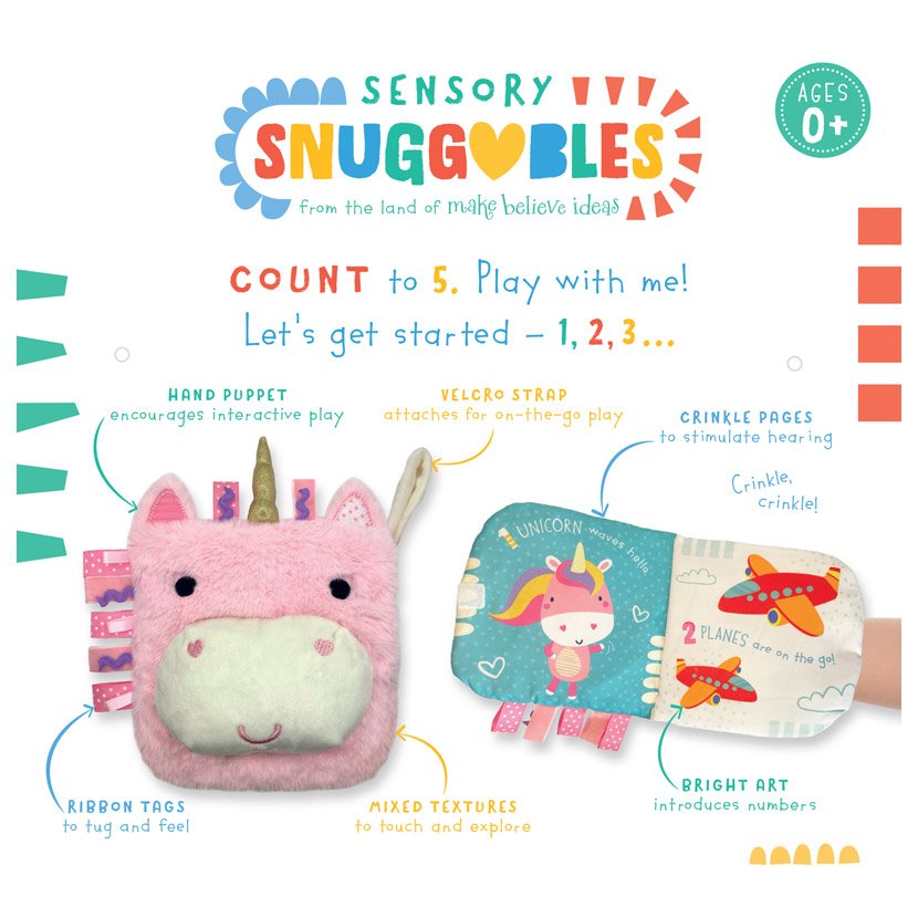 Product image 2 of Sensory Snuggables Unicorn Puppet Soft Book, a cloth book for ages 0+, by Make Believe Ideas.