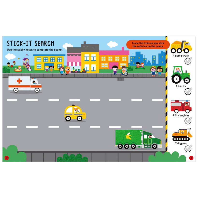 Product image 2 of Sticky Notes Things That Go Activity Book, a sticker activity book for ages 3+, by Make Believe Ideas.